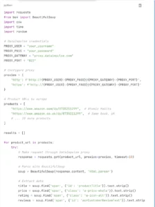 Python web scraping script using DataImpulse residential proxies to scrape Amazon products with rotating IPs and CSV export functionality