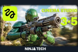NinjaTech feature image for Higgsfield Cinema Studio 3.5 showing an AI-generated armored character in motion